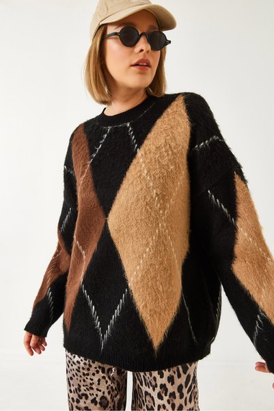 Women's Black Camel Diamond Patterned Oversize Knitwear Sweater 60351284
