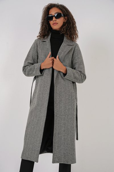 9118 Double Breasted Collar Fish Back Cashew Coat - D. Black