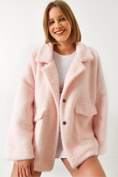 Women's Pink Double Pocket Oversize Plush Coat 1611 60261097