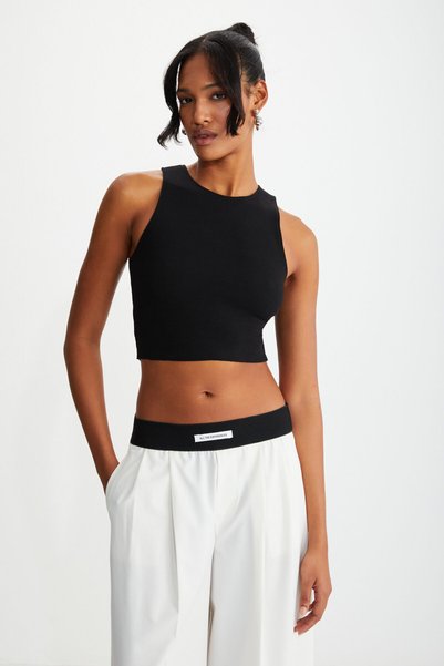 Tızıana Women's Organic Cotton Corded Stretchy Fabric Crop Black Blouse