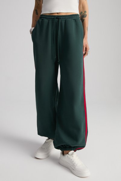 Possible Women's Embroidered Striped Green Sweatpants with Pockets
