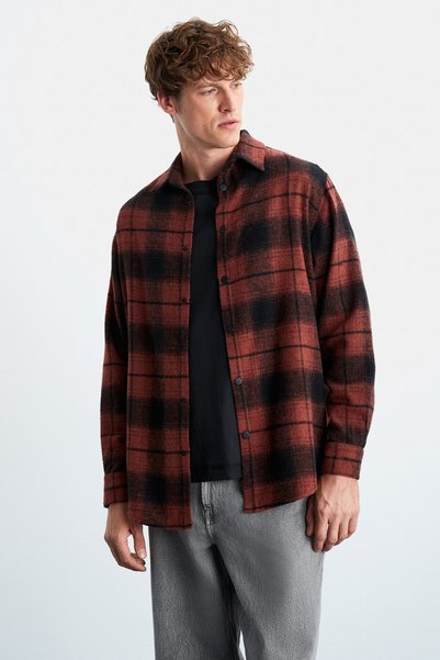 Sımonı Men's Lumberjack Shirt Thick Textured Snap Fastener Oversize Jacket Type Brick Color Shirt