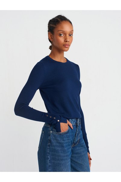 1267 Crew Neck Sweater with Middle Sleeve Drop-Navy Blue
