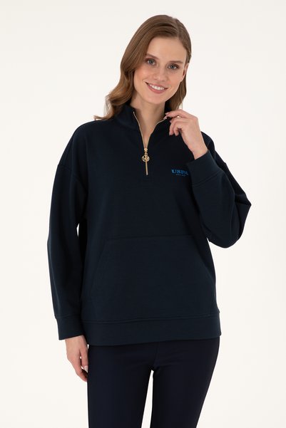 Women's Navy Blue Stand Collar Zippered Sweatshirt 50297316-Vr033