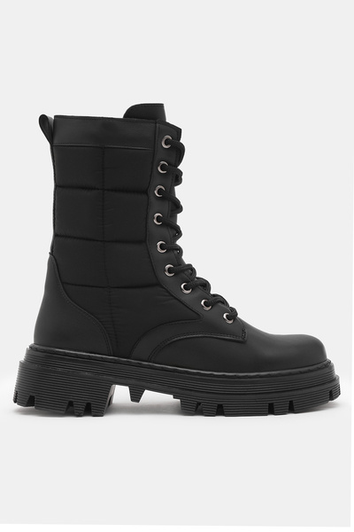 Women's Black Leather Thermo Sole Embroidered Tile Patterned Lace up and Zippered Boots