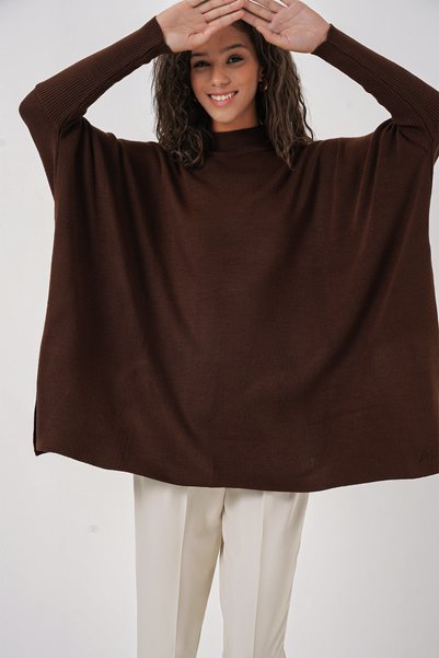 15783 Slit Poncho Sweater - Brown
