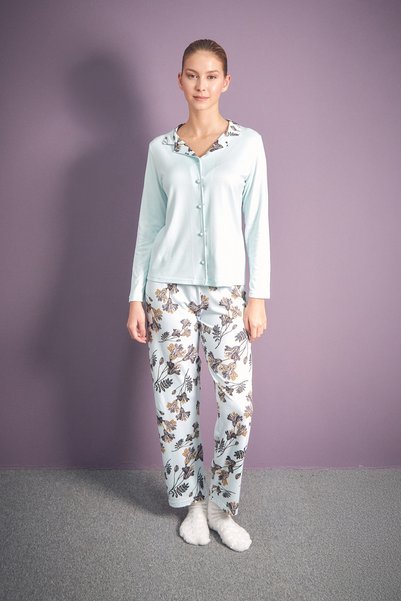 Leaf Patterned Shirt Collar 2-Piece Pajamas Set