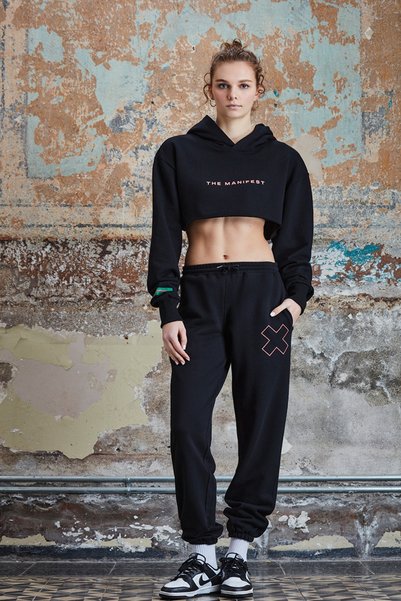 Stba Women's Black "Manifest" Hooded Crop Hoodie Sweatshirt