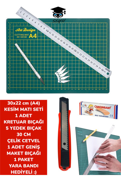 30X22 cm (A4) Cutting Mat Set 1 Piece Kretuar Blade 5 Refill Blades 30 cm Ruler 1 Piece Utility Knife