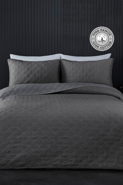 100% Cotton Double Pique Set Special Stone Washed Bedspread Barbara 3 Piece Soft Anthracite
