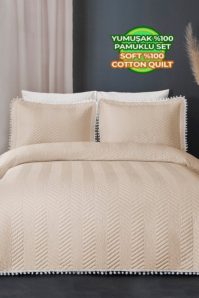 Ollie 100% Cotton Bedspread (Pique) Set Double Pompom Quilted Striped Daily Beige