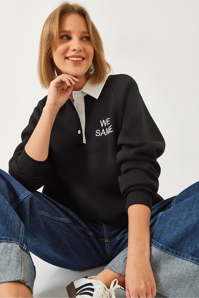 Women's Black Polo Collar Three Thread Ribbed Sweatshirt 2069 60261149