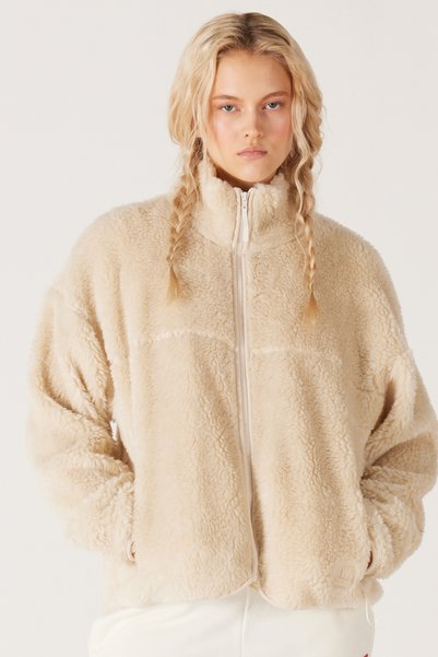 Oversize Loose Cut Stand Collar Zippered Faux Wool Women's Ecru Sherpa Jacket