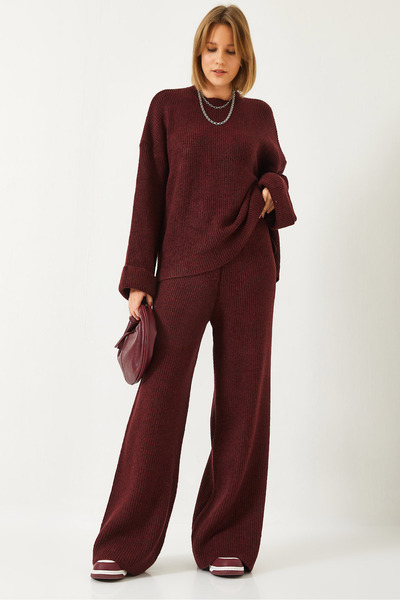 Women's Burgundy Knitwear Set with Embroidered Sleeve Detail 9017 60261165