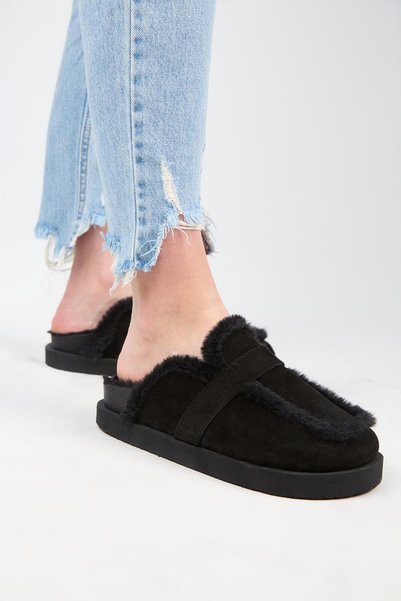 (Ecemi Platform) Women's Genuine Leather Fur Loafer Platform Black Slippers