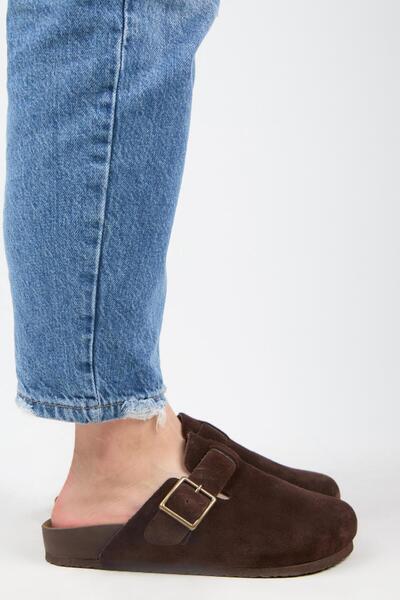 Zeta 2 Women's Genuine Leather Belted Buckle Sabo Dark Brown Slippers