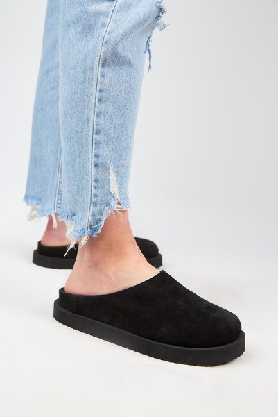 (Jana) Women's Genuine Leather Flat Platform Black Slippers