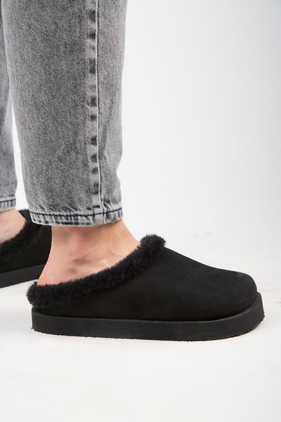 (Jana Furry) Women's Genuine Leather Flat Platform Black Slippers