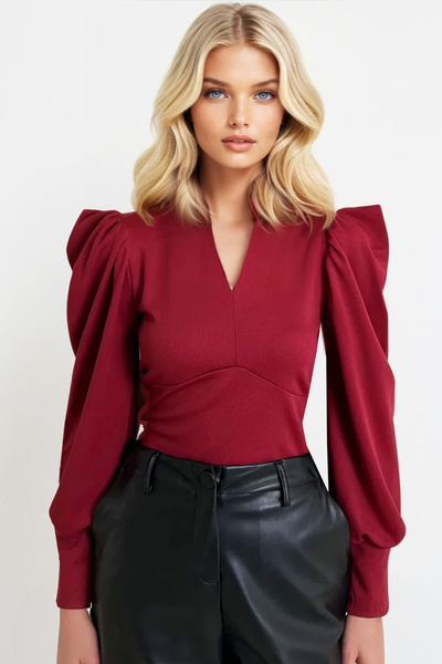 Women's Burgundy Prevailing Collar Princess Sleeve Woven Crop Blouse Alc-X9659