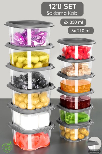 12-Piece Square Food Storage Container - Microwave Deep Freezer Storage Container 6X(210-330)Ml Anthracite