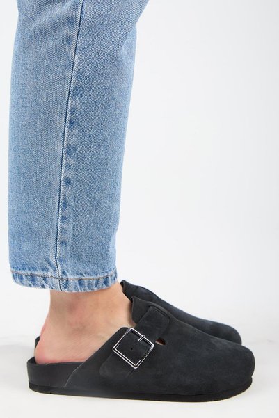 Zeta 2 Women's Genuine Leather Belted Buckle Sabo Anthracite Slippers