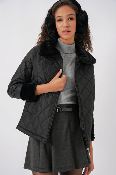 5202 Plush Detailed Quilted Coat - Black