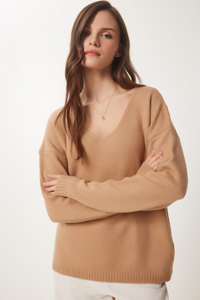 V-Neck Knitwear Sweater Bi̇sküvi̇ Lza0012