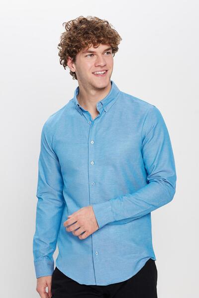 Slim fit машка кошула со долги ракави, јака на копчиња, памучна, лесна за пеглање, еднобојна