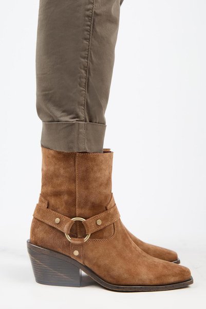 (Neus) Women's Genuine Leather Ringed Belted Cowboy Special Distressed Leather Tan Boots