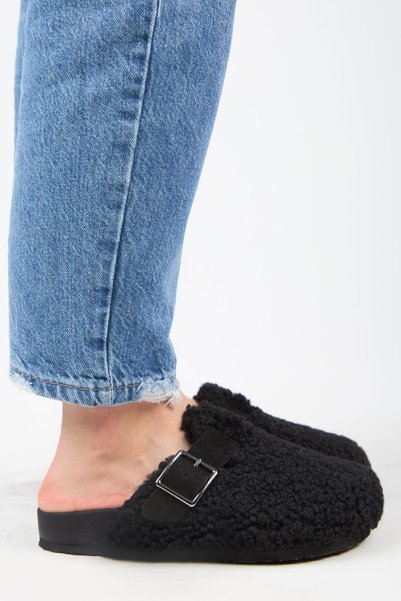Suzen Women's Genuine Leather Belted Teddy Black Slippers