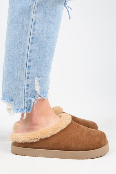 (Jana Furry) Women's Genuine Leather Flat Platform Tan Slippers