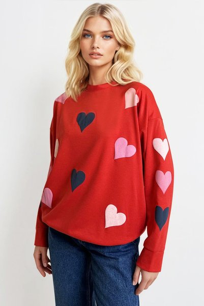 Women's Red Crew Neck Heart Printed 2 Thread Oversize Sweatshirt Alc-X13314