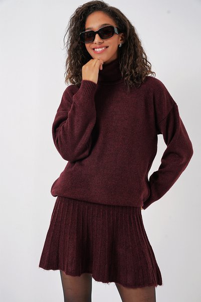 15891 Sweater Skirt Knitwear Two-Piece Set - Burgundy