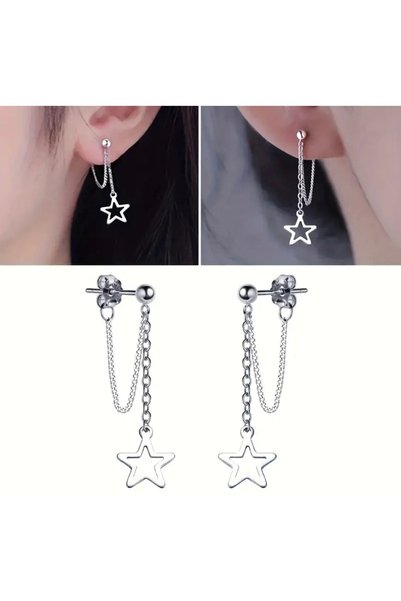 Women's Silver Steel Dangle Star Earrings