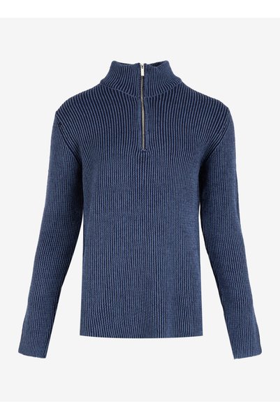 Stand Collar Basic Plain Navy Blue Men's Sweater J4Wm-Kzk7316