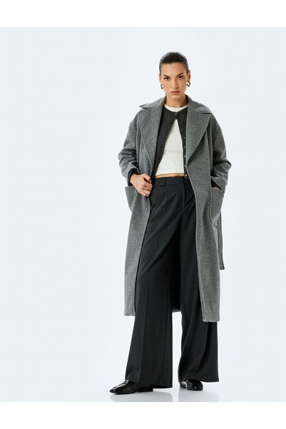 Double Breasted Long Stitched Coat with Applique Pockets and Belt Detail
