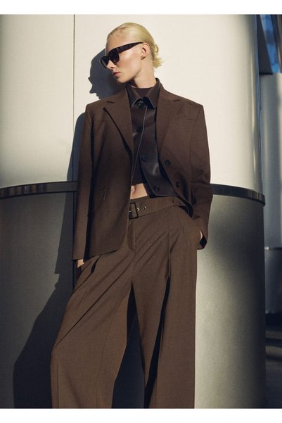 Belted fabric trousers