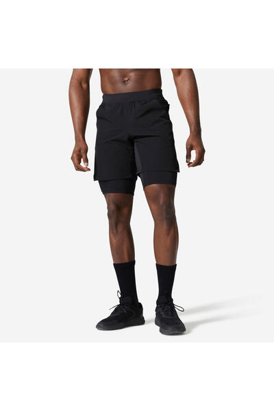Domyos Men's 2-in-1 Sports Shorts - Zipper Pocket - Black - 500