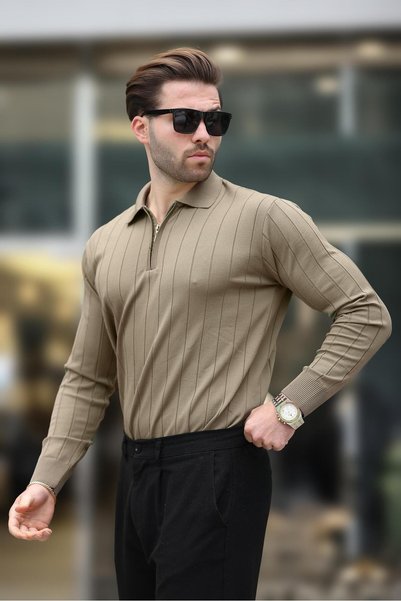 Light Brown Polo Neck Zippered Knitted Sweater 7242