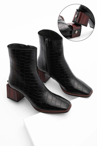 Women's Heeled Boots & Booties Blunt Toe Wood Pattern Heel Zippered Daily Classic Boots Sayen Black Croco