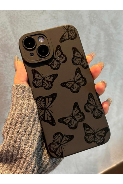 iPhone 15 Compatible Case Matte Black Butterfly Pattern Shockproof Soft Camera Protection Cover