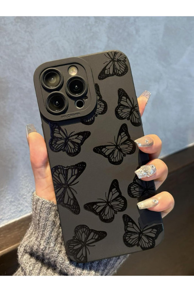 iPhone 15 Pro Max Compatible Case Matte Black Butterfly Pattern Soft Camera Protection Cover