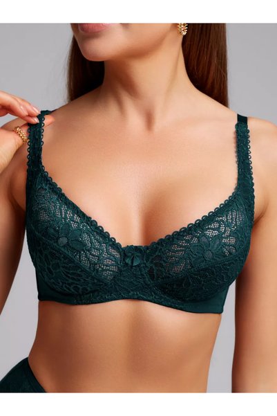 Espera Model Lace Detail Non-Padded Semi-Transparent Bra Emerald Green Color