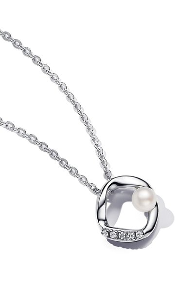 Natural Shaped Pavé Round and Machined Freshwater Cultured Pearl Necklace