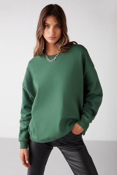 Susana Women's Crew Neck With Fleece Inside Oversize Fit Basic Green Sweatshirt