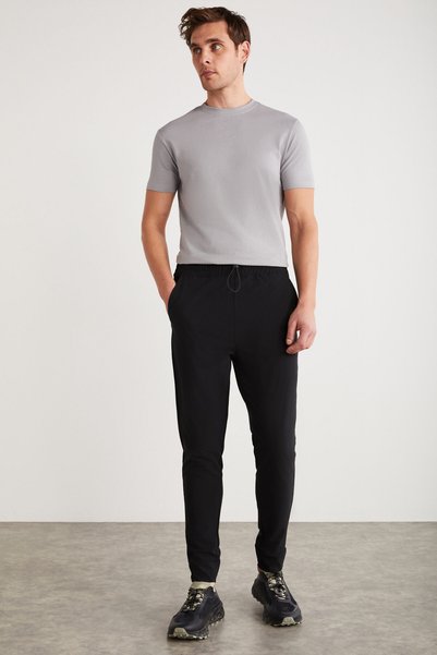 Men's Regular Fit Black Sweatpants with Stopper Detail and Technical Fabric Elastic Waist