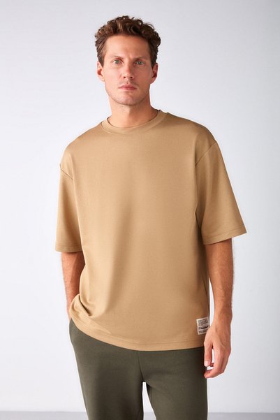 Joel Men's 100% Organic Cotton Thick Fabric Special Textured Label Detailed Oversize Beige T-Shirt