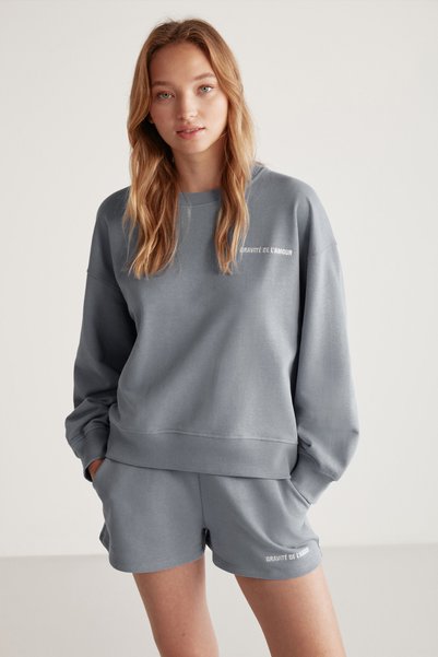 Jennıfer Women's Organic Cotton Embroidered Round Neck Oversize Gray Sweatshirt