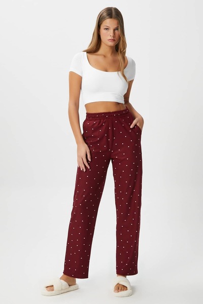 Women's Teddi Ultra Soft Pocket Burgundy Heart Pattern Christmas Pajama Bottoms