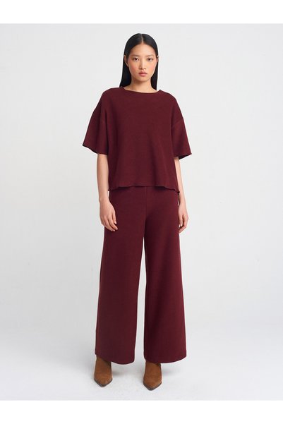 71833 Wide Leg Ribbed Trousers-Burgundy